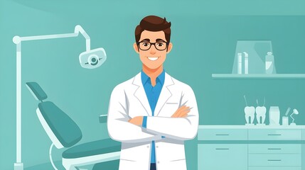 Dentist office scene celebrating world dentist day with professional dentist. International Dentist day. Stomatology Day. Dental health and hygiene concept. Flat illustration. Copy space 