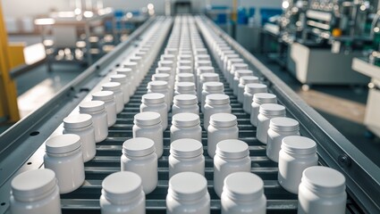 Obraz premium White supplement bottles moving along a conveyor belt in a pharmaceutical factory