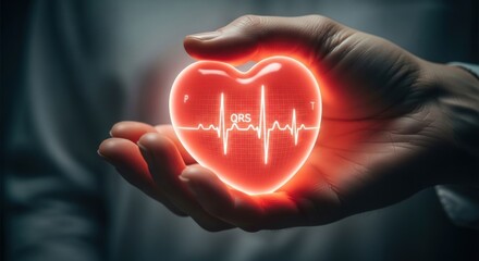 A glowing red heart with an electrocardiogram (ECG) on it, held in a hand.