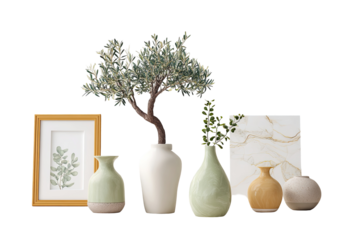 Group of decorative objects with plants, vases, and artwork against a black background