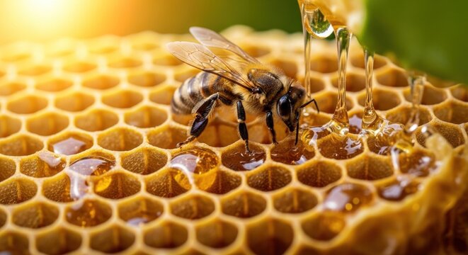 A honey bee on a honeycomb with honey dripping from it. - Powered by Adobe
