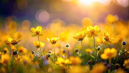 A close-up view of delicate yellow buttercup flowers in a sunlit meadow, with a soft, blurred background.