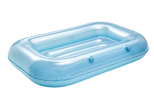 Light blue inflatable raft against a black background. Features rounded edges and two air valves