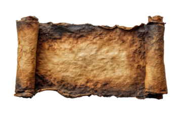 An ancient, charred scroll with partially unrolled ends against a black background