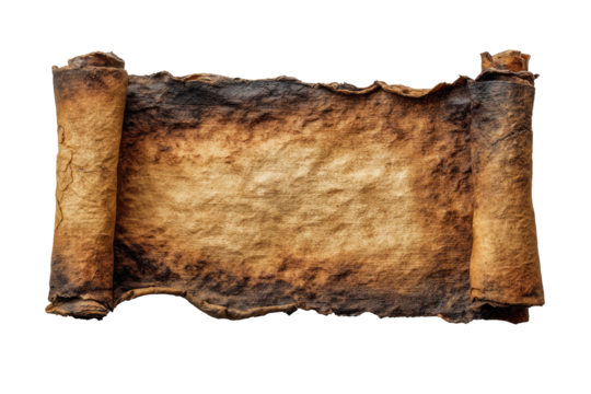 An ancient, charred scroll with partially unrolled ends against a black background