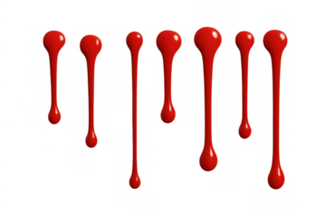 Glossy red liquid drips with transparent background, realistic blood or paint splatter texture for design and illustration