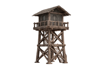 A weathered wooden watchtower isolated against black, showcasing cross-bracing and detailed textures