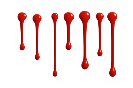 Glossy red liquid drips with transparent background, realistic blood or paint splatter texture for design and illustration