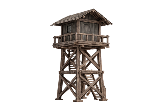 A weathered wooden watchtower isolated against black, showcasing cross-bracing and detailed textures