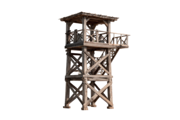 Isolated wooden watchtower with open observation deck and aged, weathered appearance