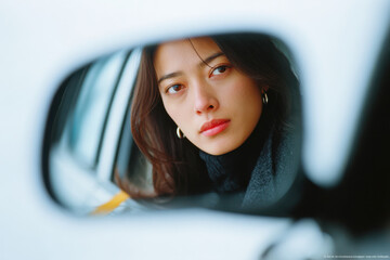 Woman reflected in car side mirror looking back