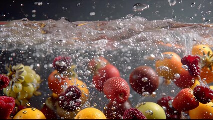 Vibrant assortment of fresh strawberries raspberries and oranges falling through water with splashes and bubbles - Powered by Adobe