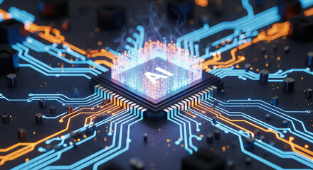 A closeup of a glowing blue ai processor chip on a circuit board.