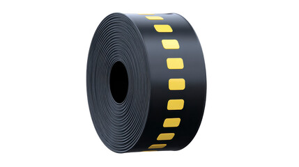 Obraz premium Black adhesive tape roll with yellow rectangular markings, isolated on transparency background, used for electrical insulation, packaging, or marking, industrial and utility applications