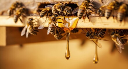 A group of bees on a wooden hive with honey dripping from the comb.