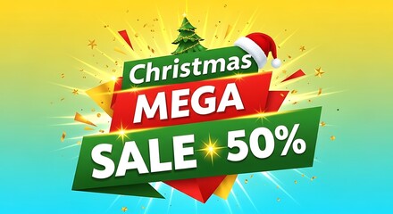 Christmas mega sale 50% off discount banner with santa hat and tree