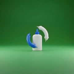 A minimalist composition featuring a white bottle with a blue cap and three colorful curved shapes against a vibrant green background