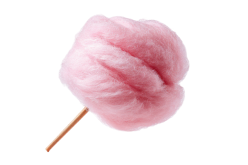 A fluffy cloud of pink spun sugar on a wooden stick, isolated on a transparent background