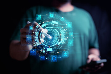 Fototapeta premium Engineer use your smartphone to exchange industrial systems, technology, industry cloud technology concepts.