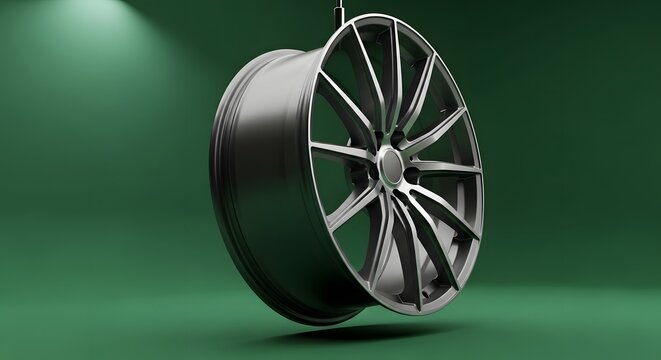 Close-up of a sleek black alloy wheel with a modern design, set against a vibrant green background for automotive or transportation themes