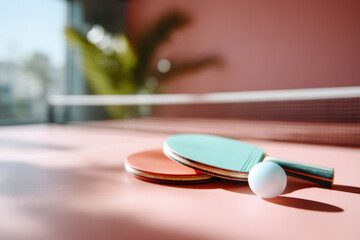 Table tennis rackets and ball on pink surface