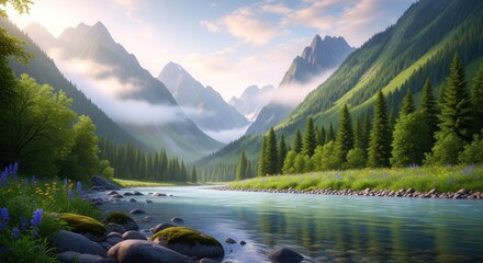 A serene mountain landscape with a river flowing through a lush green valley, featuring tall pine trees, a clear blue sky, and a gentle misty fog.