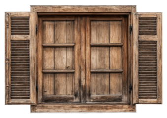 Weathered wooden window with open shutters, showcasing vertical planks and aged texture