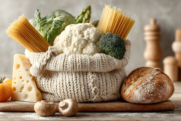 A knitted grocery bag holds cauliflower, pasta, and greens, surrounded by cheese, bread, and mushrooms, highlighting fresh ingredients