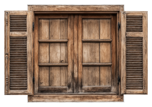 Weathered wooden window with open shutters, showcasing vertical planks and aged texture
