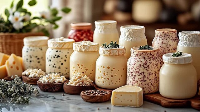 Assorted cheeses and spreads in jars