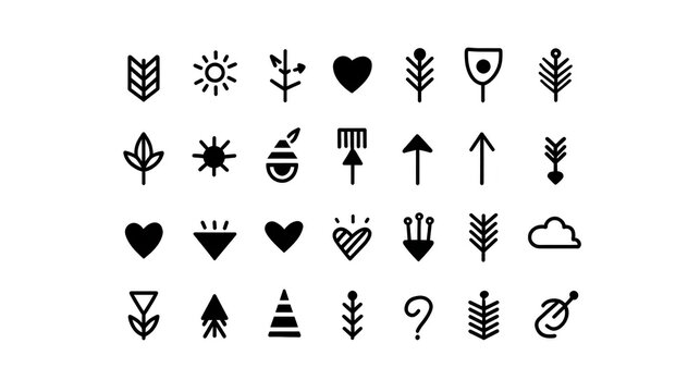 Minimalist black nature icon set includes leaf sun heart acorn arrow tree cloud and geometric shapes perfect for eco friendly organic and modern design projects