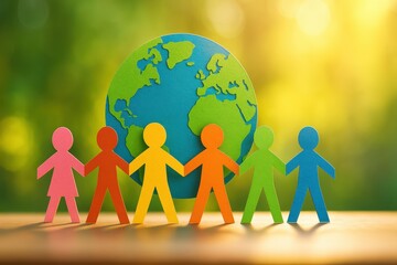 Global unity in action colorful paper figures embracing earth in a vibrant natural setting