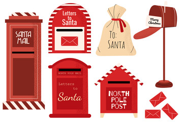 Flat Christmas vector set of Santa mailboxes, letters, and mailbag. Festive North Pole post collection perfect for holiday cards, decorations, and seasonal design projects.