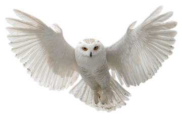 A pristine, white owl with bright yellow eyes is captured mid-flight against a black backdrop