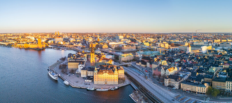 Beautiful aerial view of Stockholm and the old town at dawn, early winter