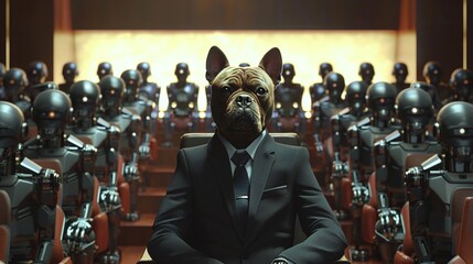 Brilliant French bulldog executive leading a robot army with confidence and power in a boardroom setting for a futuristic edge, perfect for business concepts