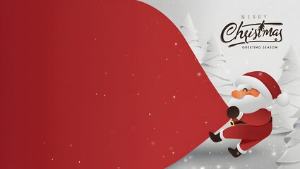 Santa Claus with a huge bag on the run to delivery christmas gifts at snow fall.Merry Christmas text Calligraphic Lettering Vector illustration.