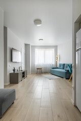 Bright Modern Living Room with Blue Sofa and TV