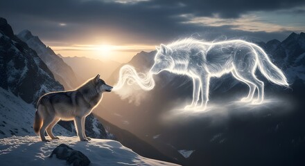 A majestic wolf standing on a snowy mountain ridge at sunset, with a mystical, glowing wolf spirit appearing in front of it in a surreal, fantasy scene