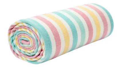 A rolledup striped beach towel with pastel colors, isolated on transparent background