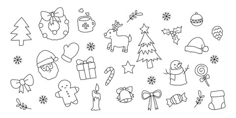 Christmas Doodle Line Art Set Vector, Hand Drawn Xmas Holiday Elements Collection.