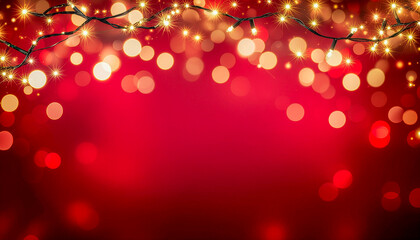 A festive background of blurred red and gold bokeh lights with a string of warm fairy lights across the top.