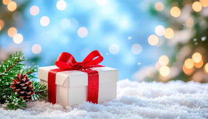 A beautifully wrapped white gift box with a red ribbon sits in the snow next to a pine cone and evergreen branch.