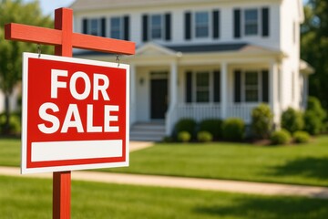 Real estate sale sign residential neighborhood property listing suburban environment front view home ownership