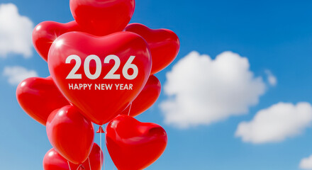 A cluster of red heart-shaped balloons floats against a bright blue sky with fluffy white clouds, one balloon prominently displaying "2026 HAPPY NEW YEAR".