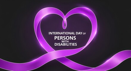 Purple ribbon forming a heart shape with text 'International Day of Persons with Disabilities' inside, symbolizing awareness and support.