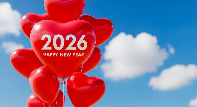 A cluster of red heart-shaped balloons floats against a bright blue sky with fluffy white clouds, one balloon prominently displaying "2026 HAPPY NEW YEAR". - Powered by Adobe