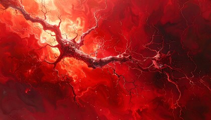 Abstract image featuring intricate network of vessels against a vibrant red, nebula-like background, suggesting complex flow