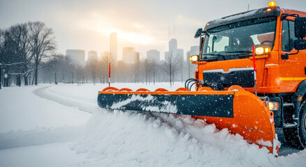 A bright orange snow plow truck clearing a path through a snow-covered park with a city skyline in the background.