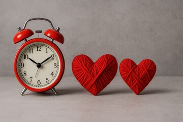 Romantic time red clock and heart decorations home decor cozy setting close-up love concept